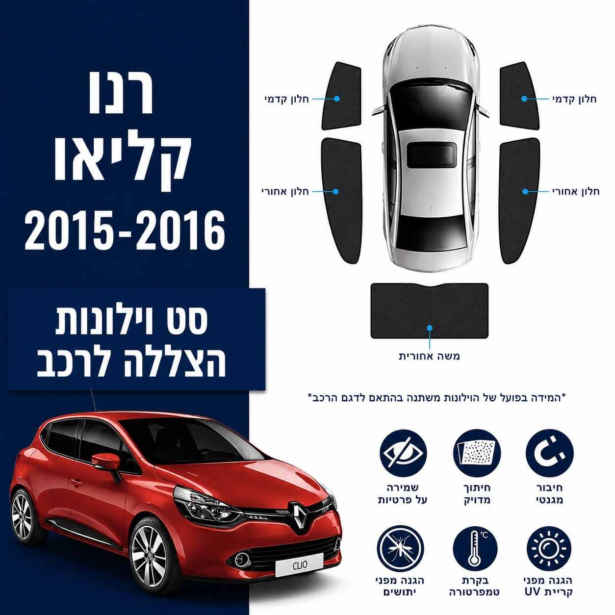 כיסויי שמש מגנטיים מותקנים לRenault Clio